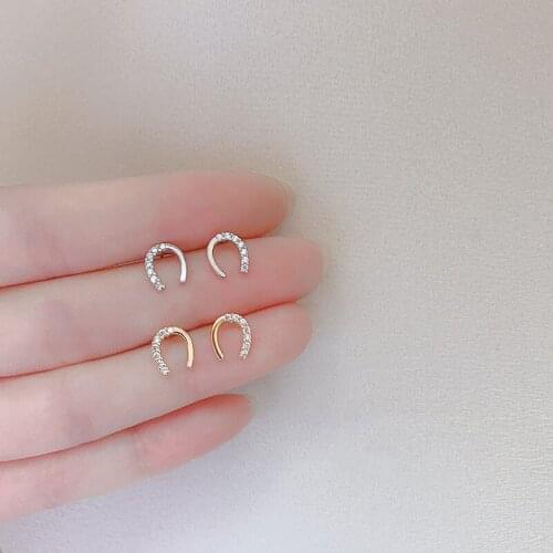Minimalist 925 Sterling Silver Stud Earrings Delicate Tiny Letter U Shape Small Earrings Cartilage Piercing Crystal Earrings