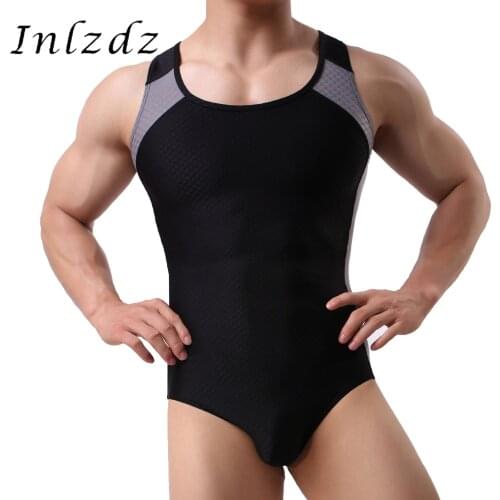 Mens Lingerie Sexy Singlet Boxer Leotard Bodysuit Underwear Sleeveless Round Neckline Jumpsuit Male Sports Fitness Clubwear