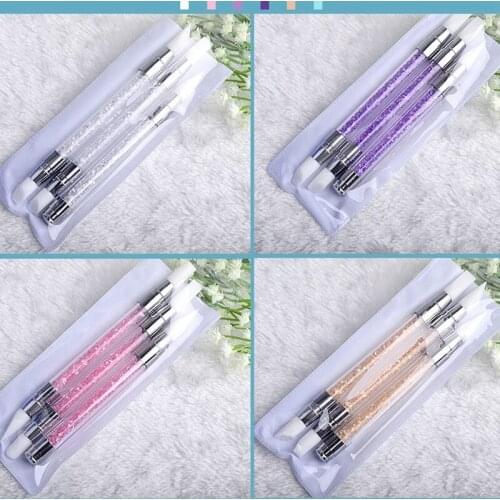 3pcs/Set Double-end Nail Brushes Kit 6 Colors Rhinestones Acrylic Handle Nail Art Design Carving Silicone Pen for Manicure Tools