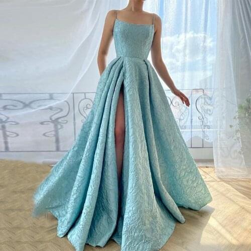 New Design Charming Party Dress Applique High Side Split With Spaghetti Strap Evening Dress