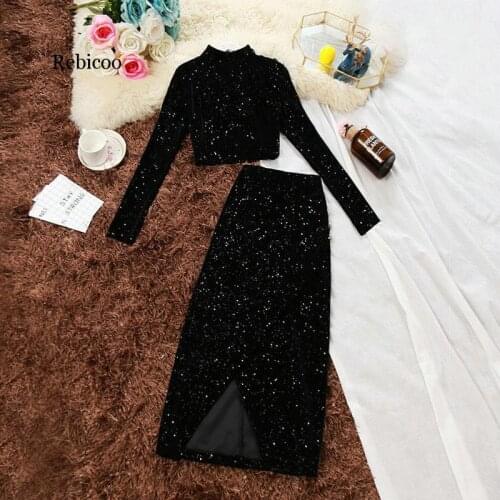 Autumn black women chic o-neck sequined velvet shirt high waist split bling bag buttocks long skirt stylish female two piece
