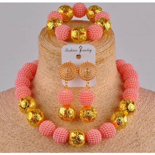 Peach simulated pearl costume necklace african beads jewelry set for women FZZ15