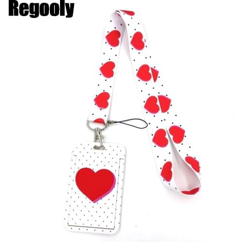 Pink Heart Love Point Wave Lanyard Credit Card ID Holder Bag Student Women Travel Card Cover Badge Car Keychain Decorations