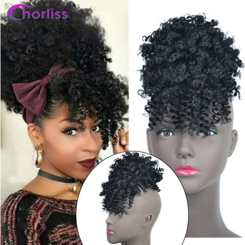 Chorliss Kinky Curl Synthetic Chignon With Bangs Blonde Synthetic Short Afro Kinky Hair Bun Drawstring Clip In Chignon