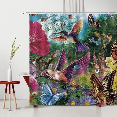 Flower Bird Butterfly Shower Curtain Green Leaf Forest Natural Landscape 3D Printed Waterproof Bathtub Decor Bath Curtains Set