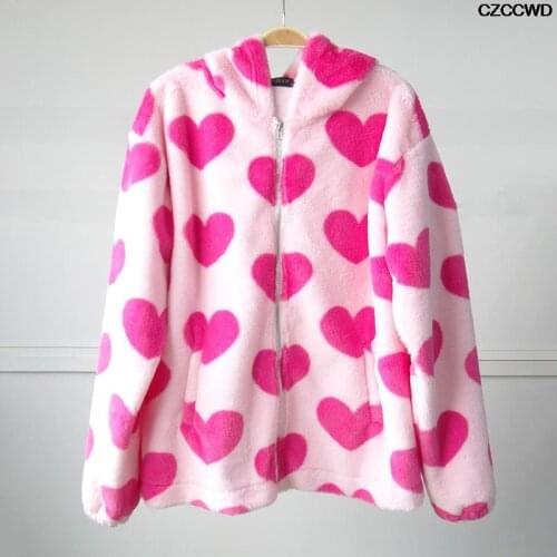 Za Women Winter Harajuku Jacket Warm Plush Casual Loose Hooded Coat Mixed Love Printed Outwear Faux Fur Zipper Color Parka Coat