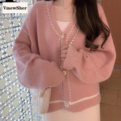 VmewSher New Sweet Striped Cardigan Women Sweater Coat Autumn Casual Outerwear Solid Single Breasted Long Sleeve V Neck Knit Top