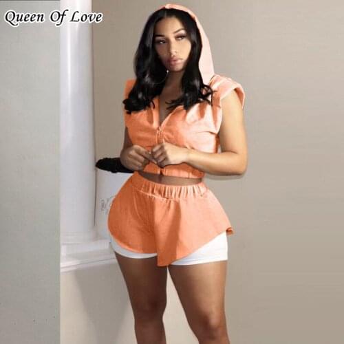 Women Jogging Tracksuit Cropped Top And High Waist Shorts 2021 Summer Fashion Sleeveless Zipper Hooded Tops Short Pant Outfits