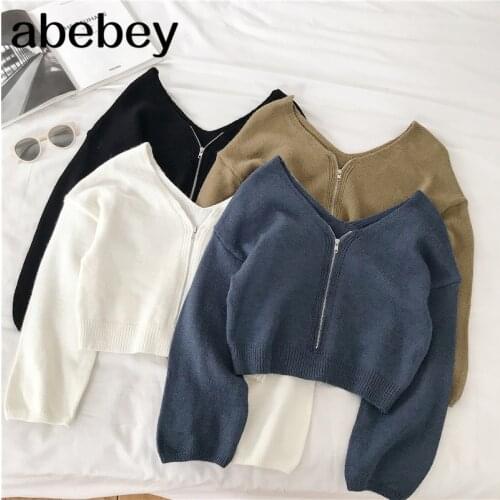 Long Sleeve`Winter Tops For Women Casual Chic Zipper Knitted Sweater Women White Black Korean Short Sweaters Womens 2020 Autumn