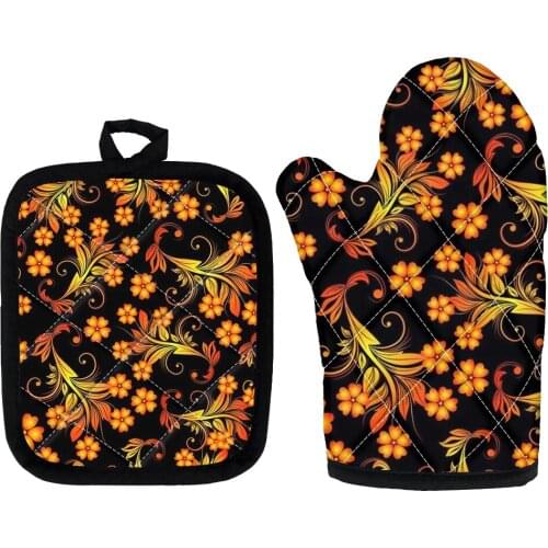 1 Pair Cute Non-slip Fashion Kitchen Cooking Microwave Gloves Khokhloma Pattern In Russian Style Baking Potholders Oven Mitts