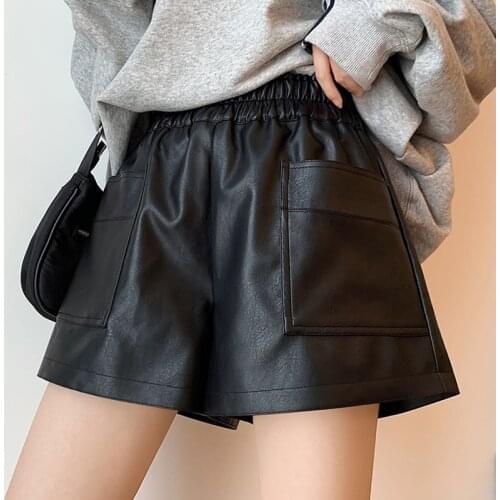 903# Autumn Winter Black PU Maternity Shorts Wide Leg Loose Elastic Waist Belly Bootcuts Clothes for Pregnant Women Pregnancy