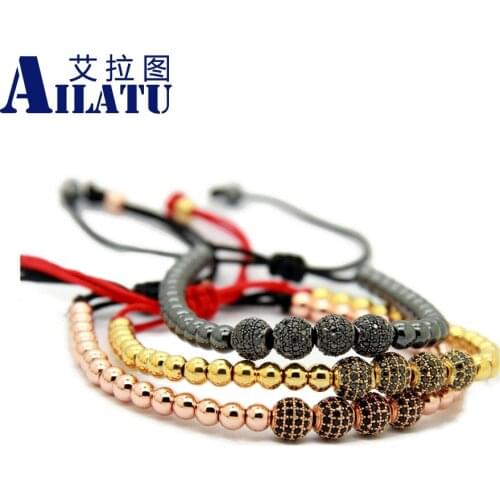 Ailatu Wholesale 10pcs 6mm Simple Style Micro Pave 4 CZ Beads Braiding Bracelet For Men Women Jewelry