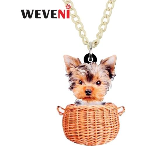 WEVENI Acrylic Basket Yorkshire Terrier Dog Necklace Pendant Chain Collar Animal Pets Jewelry For Women Girls Gift Accessories