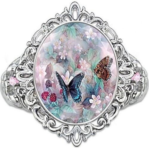 Women Jewelry Accessory Elegant Decoration Oval Cut Enamel Flower Butterfly Ring for Party