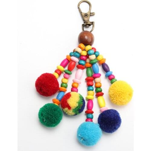 Handmade Womens Colorful Boho Pom Pom Tassel Bag Charm Keychain Hair Ball Wooden Beads Tassel Keychain Bohe Style Pendant