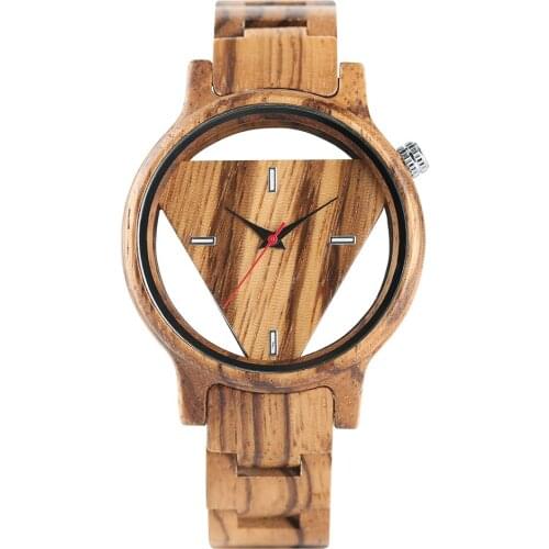 Creative Bamboo Wood Wrist Watch Men Novel Design Hollow Triangle Dial Quartz Mens Watches Best Gift Christmas Watches