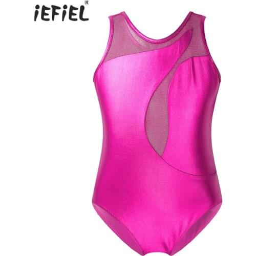 Kids Girls Ballet Dress Costumes Patent Leather Sleeveless Asymmetrical Gymnastics Leotard Jumpsuit Dancewear Stage Performance