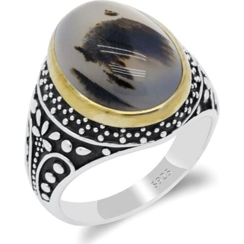 Male Ring 925 Sterling Silver Ring Natural Agate Stone Punk Style Exquisite Design Claw Drip Flower Lucky Wedding Jewelry Ring