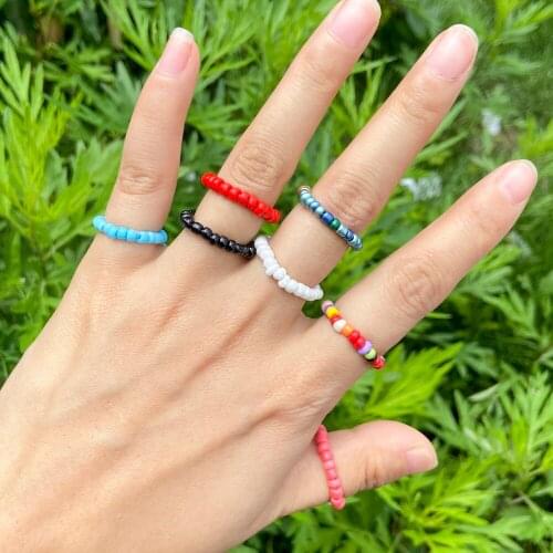 Lost Lady Colorful Elastic Adjustable Bohemian Rings Summer Colorful Beads Ring for Women Fashion Boho Beach Jewelry Gifts