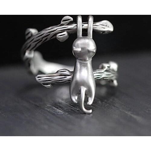 2021 Trendy Opening Adjustable Ring For Women Creative Design Cat climb Branch Cute Kitten Party Jewelry Gifts