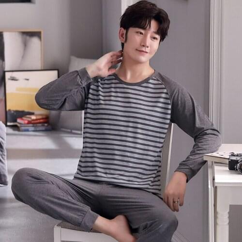 Mens Pajama Sets 2021 Autumn Winter Warm Men Sleepwear Long Sleeve Cotton Pajamas for Men Elastic Waist Pant Leisure Outwear