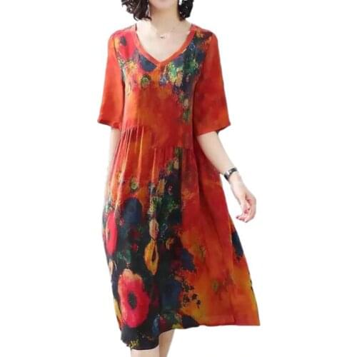 2020 New Arrival Women Silk Dress Female Summer Half Sleeve V-Neck Vintage Print Dresses Loose Casual Plus Size Vestidos Mujer