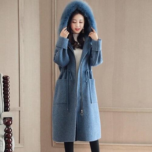 Loose Warm Woolen Jacket Winter Casual 2020 Solid New Wool Coats Women Fashion Long Sleeve Big Fur Collar Hooded Outerwear S006