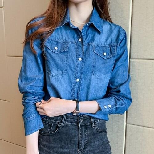 TingYiLi Button Up Women Denim Shirts Spring Autumn Long Sleeve Blue Tops Korean Vintage Thin Denim Cardigan Plus Size S-3XL