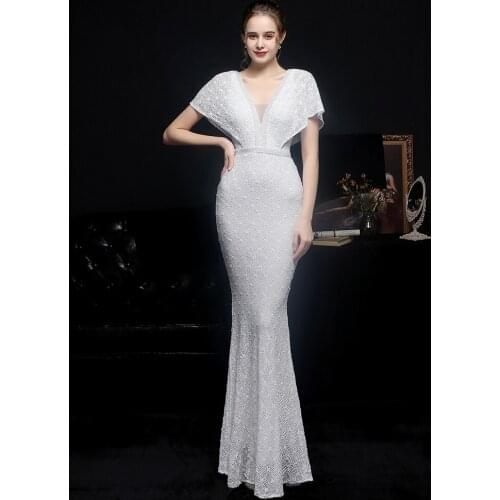 Partysix Sexy sequin Evening dress short sleeves White dress evening gowns for women Party dress prom dresses