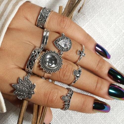 Vintage 9 Pcs/set Antique Silver Color Sun Moon Ring for Women Men Charm Flowers Crystal Stone Boho Jewelry кольца