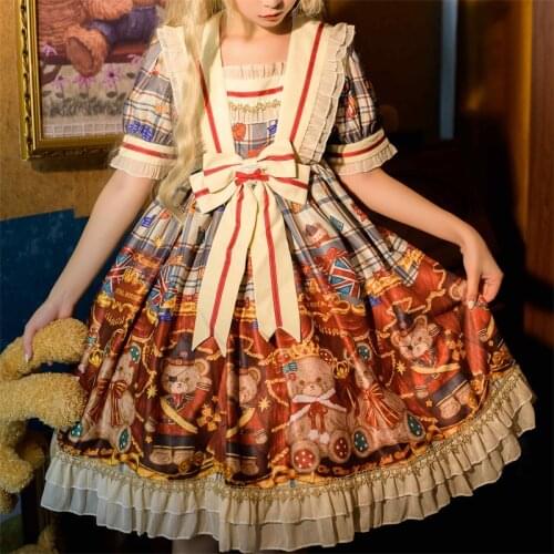 Japanese Sweet Lolita Style Kawaii Soft Girly Dress Vintage Square Collar Color Contrast Cartoon Bow Puff Sleeve Ruffles Dresses