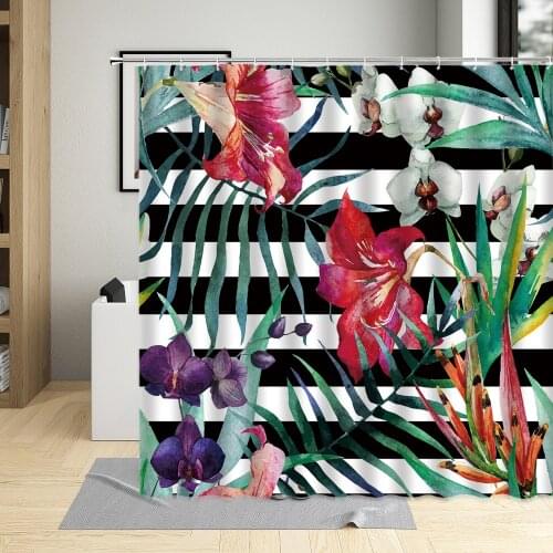 Stripe Flowers Pattern Palm Leaf Bathroom Curtains Floral Sheer Home Shower Curtain Waterproof Polyester Fabric Screen With Hook