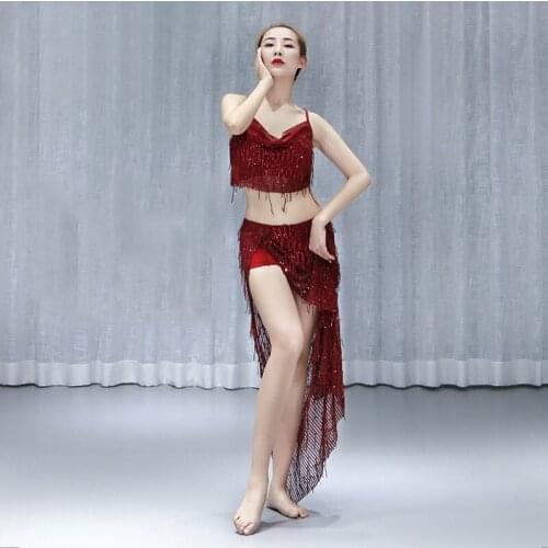 Belly Dance Practice Clothes Women New Summer Modal Sexy Sequins Fringed Bellydance Oriental Costumes Suit Top + Skirt DWY3073