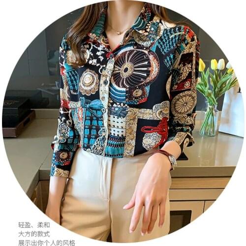 2021 spring retro ethnic style wild design sense printed chiffon shirt womens long-sleeved shirt foreign style shirt spring