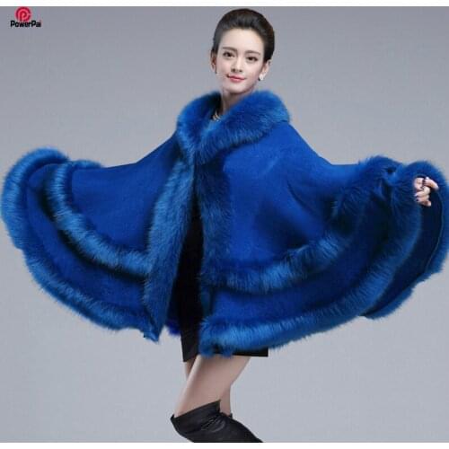 EuropeStyle Fashion Double Fox Fur Coat Cape Hooded Knit Cashmere Cloak Cardigan Outwear Plus Size Women Winter New Shawl 1.1kg