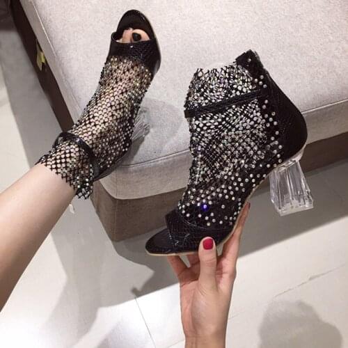 Female Sandals Womens Heels Shoes Fashion Bling Rhinestone Mesh Ladies Shoes Peep Toe Sexy Clear High Heels Party Summer Boots