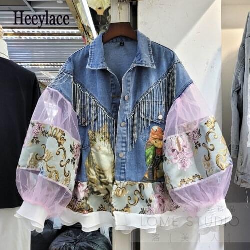 Women cartoon embroidery denim coats mesh patchwork lantern puff sleeve diamond tassel jeans coat Spring brand vintage jackets