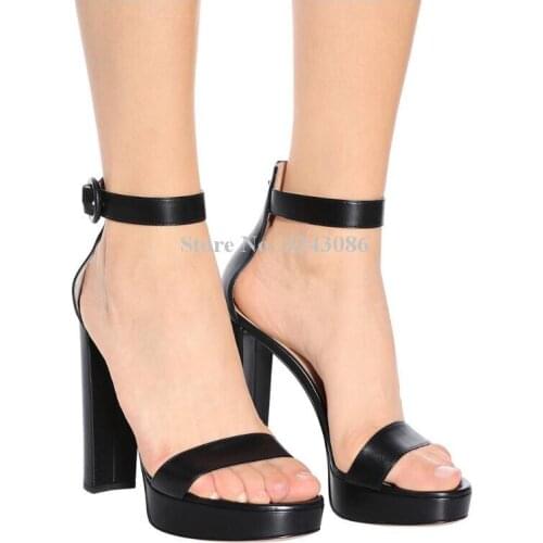 Woman New Black Leather Platform Sandals Shoes Fashion Concise Style Chunky Heel Dress Sandals Lady Large Size Banquet Shoes