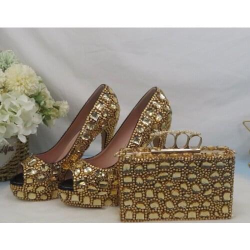 BaoYaFang Golden Crystal Bridal Wedding Shoes And Bag Woman High Platform Shoes Big size Open Toe Party wedding shoes Women