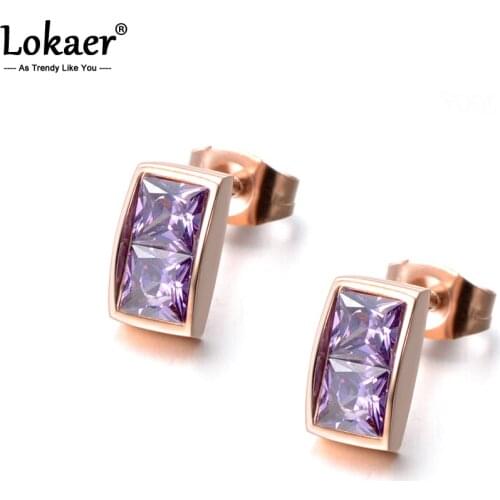 Lokaer Cubic Zirconia Stud Earrings Light Purple & White Crystal Jewelry Stainless Steel Women Gift Rhinestone CZ E18044