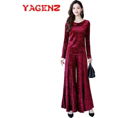 YAGENZ Gold Velvet Wide Leg Pants Set Two piece set Women Pant Clothing Set Ladies 2 piece set Women Top Pants Suit Female 649