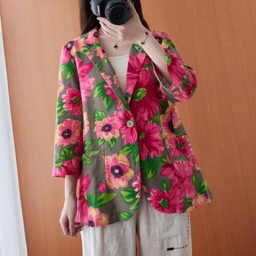 Women Autumn Casual Blazer Coats New Arrival 2021 Arts Style Vintage Floral Print Loose Cotton Linen Ladies Elegant Jackets B826