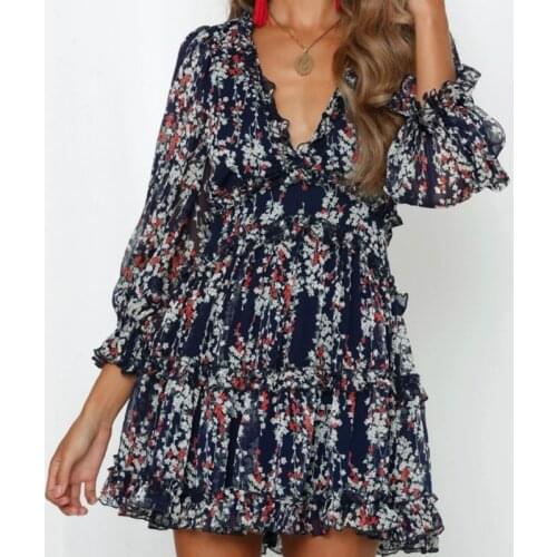 2020 Spring New Arrivals Sexy V Neck Ruffle Mini Party Dresses Black Red Women Long Sleeve Chiffon Dress Elegant Ladies Clothing