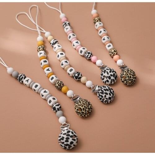 1Pcs Baby Pacifier Clip Chain Personalized Name Dummy Holder For Nipples Clips Silicone Leopard Teething Beads Baby Shower Gift
