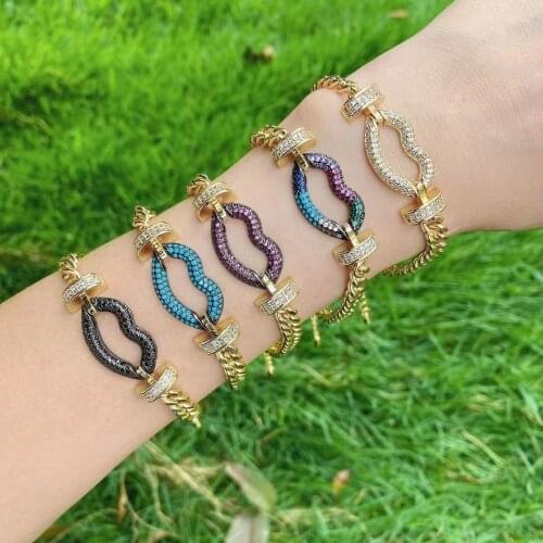 5PCS, Bohemia Colorful Crystal Zircon Chunky Curb Chain Lip Bracelet Female Hip Hop Gold Chain Bracelet Female Fashion Jewelry
