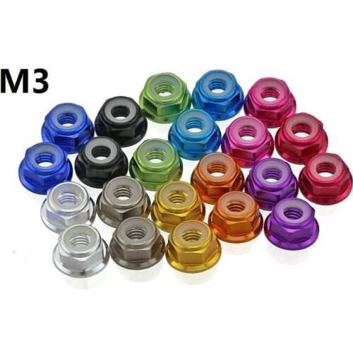 50pcs/lot High Quality M3 Colourful Anodized Silver/Black/Deep blue/light blue/red Aluminum Alloy Flange Nylon insert Lock Nuts