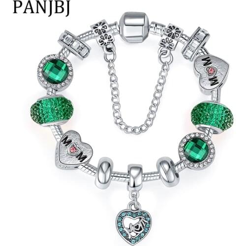 Silver Plated Bead Bracelet Love Family Mother Heart Green Snake Chain Basic Charm Bracelet For Fashion Women DIY Jewelry Gift