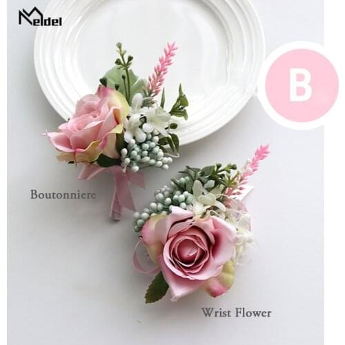 Meldel Corsage Wedding Flower Groom Boutonniere Bridal Wrist Corsage Bracelet Pink Rose Flower Wedding Planner Marriage Supplies