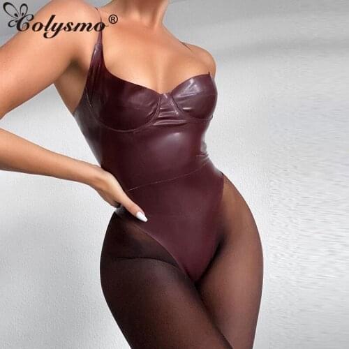 Colysmo Leather Bodycon Bodysuit Removable Pads Underwire Stretch Spaghetti Strap Wine Overalls Women Summer Fashion Clubwear