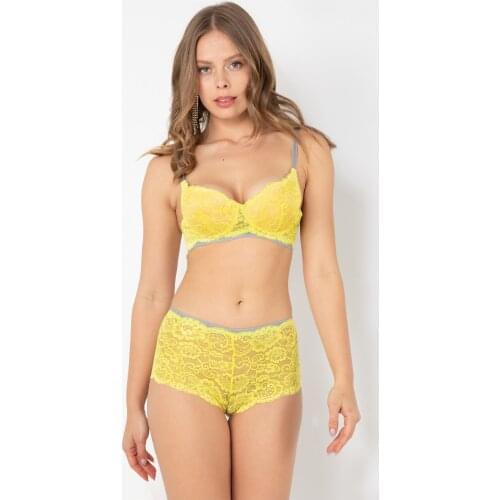 Luxury PUSH UP 2 Pieces Yellow Sexy Bra and Lingerie Set for Women with Lace - Erotic Underwear Panty - Fantasy Langerie